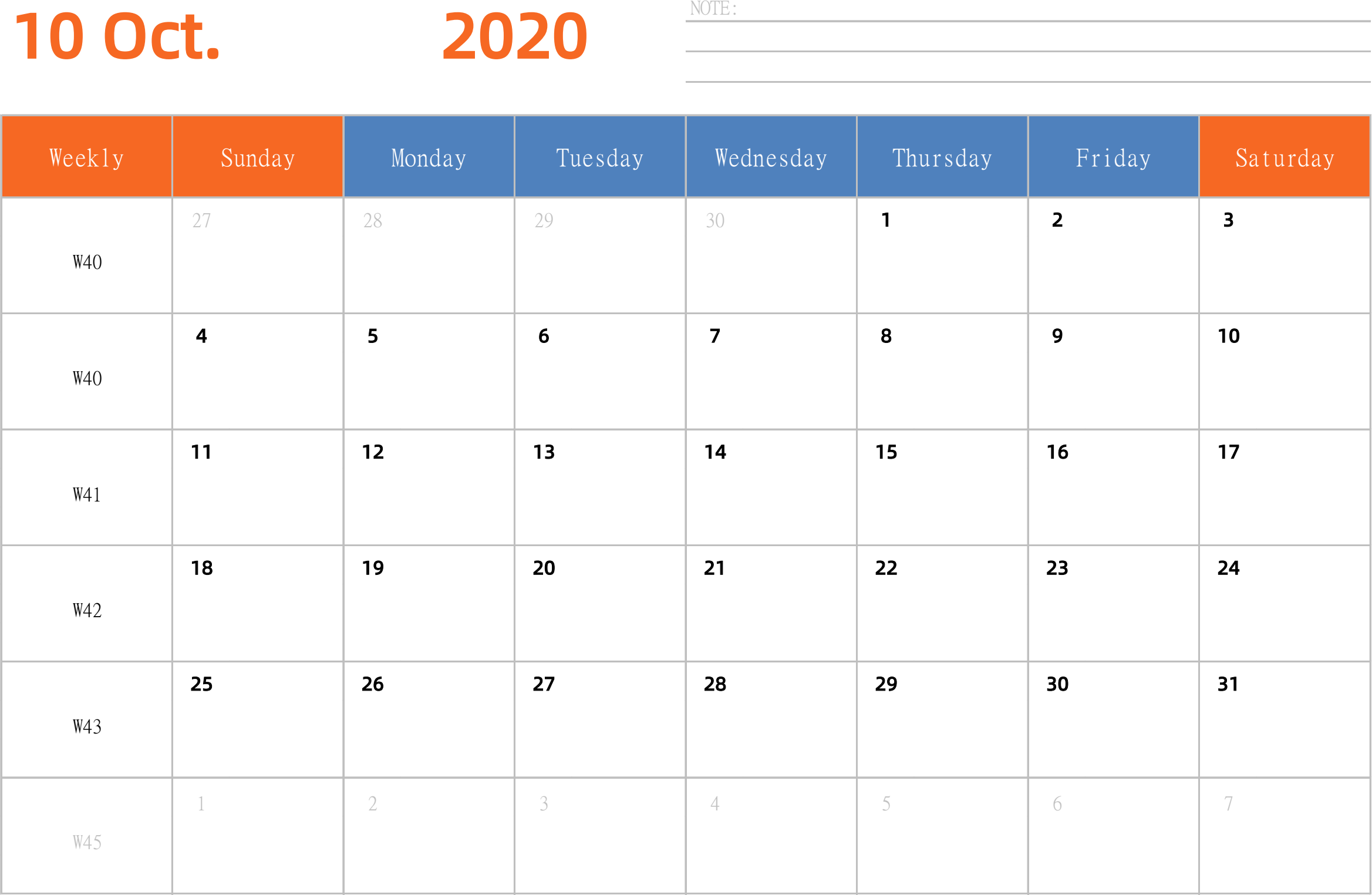 日历表2020年日历 英文版 横向排版 周日开始 带周数